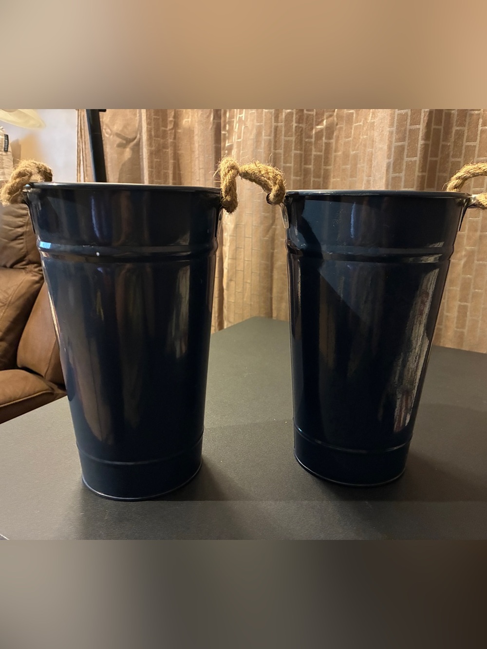 Set of 2 Navy Blue Metal Buckets with Rope Handles